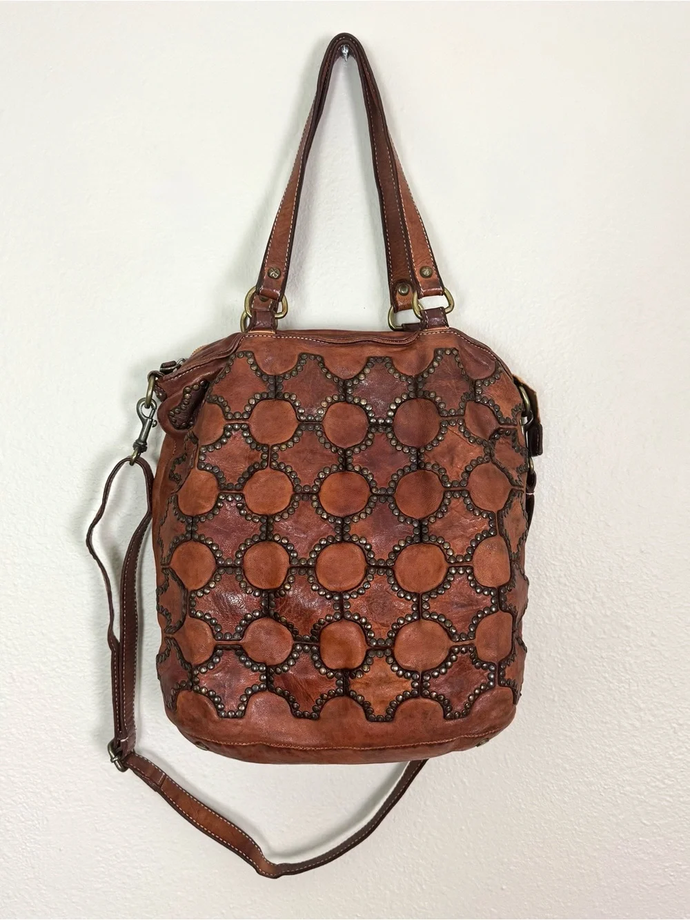 Sundance Rustic Boho Studded Brown Distressed Leather Shoulder or Crossbody Bag